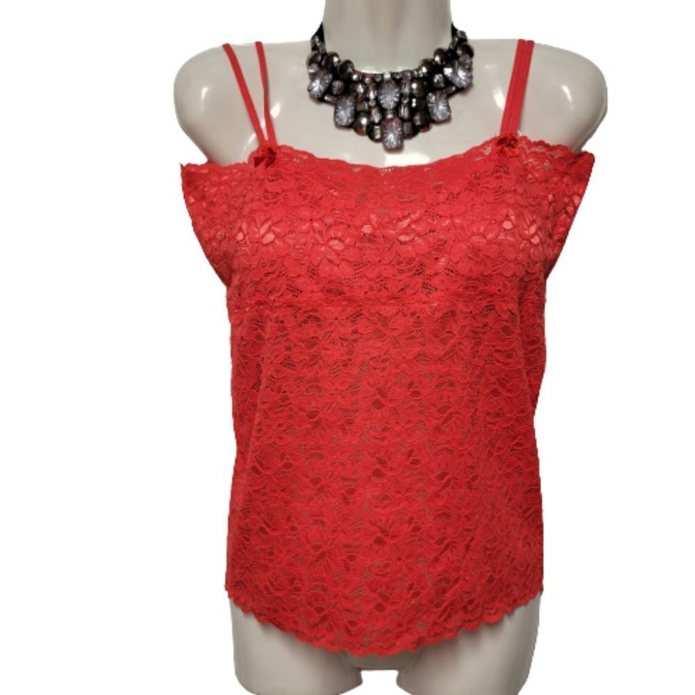 Red Lace Long Camisole Lace Tank Top Stretchy Long Camisole - Size L- NEW
